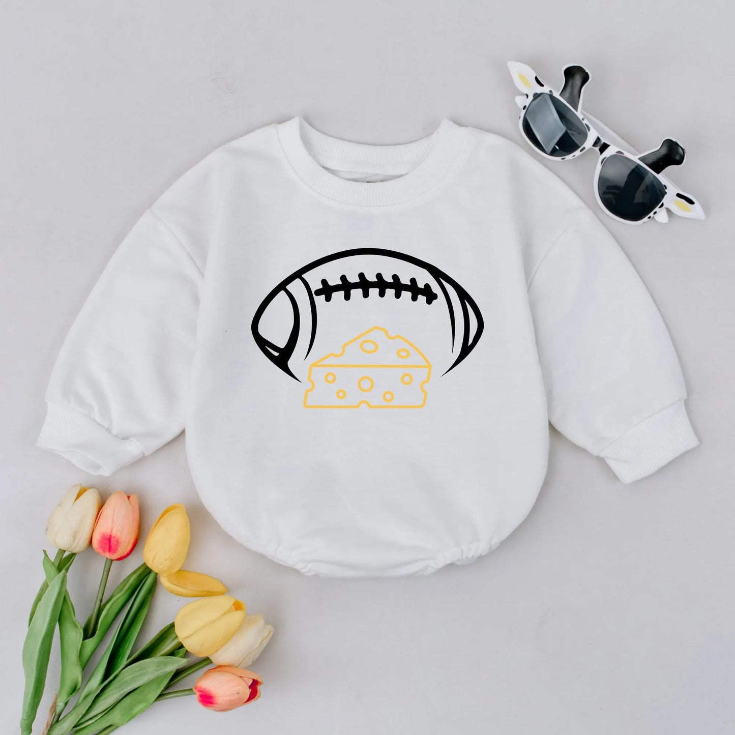 Playful Cartoon Football and Cheese Baby Romper Bodysuit Soft Cotton Infant Gameday Outfit Newborn Sport Fan Apparel Gift