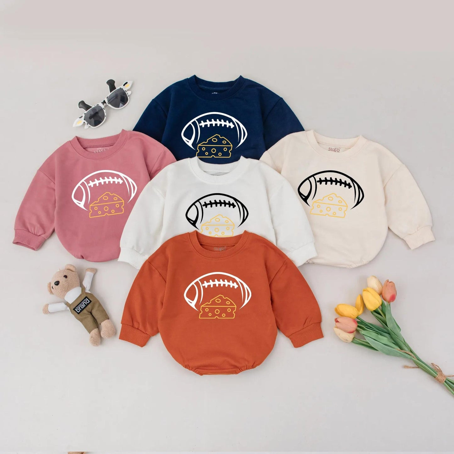 Playful Cartoon Football and Cheese Baby Romper Bodysuit Soft Cotton Infant Gameday Outfit Newborn Sport Fan Apparel Gift