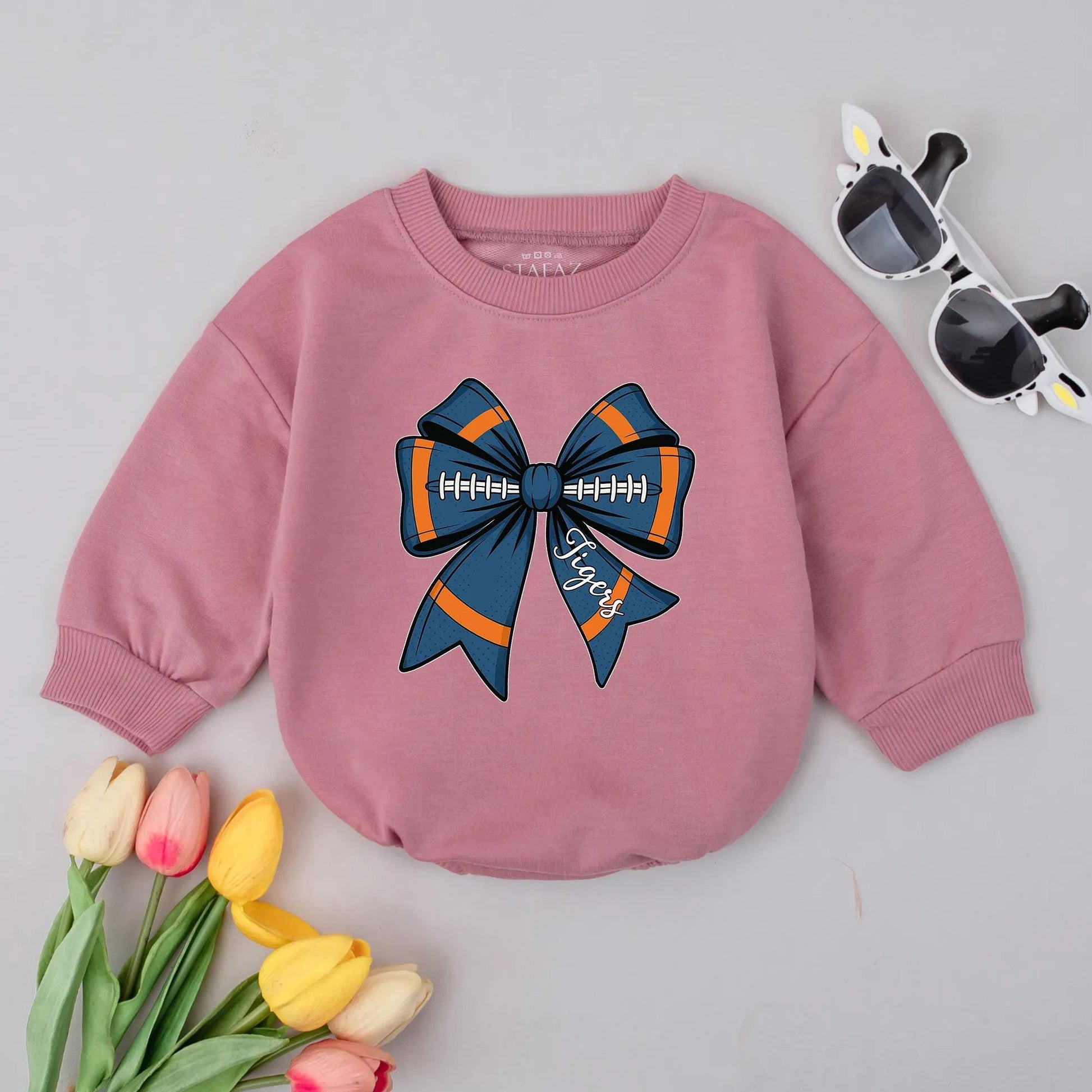 Personalized Football Bow Romper Game Day Baby Girl Clothes Tigers Orange Blue White Sport Fan Bubble Outfit Newborn Gift