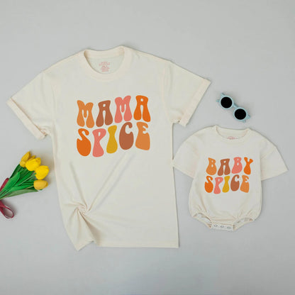 Mama Spice Baby Spice Matching Thanksgiving Sweatshirt for Mommy and Little Girl with Retro 70s Orange Brown Pink Yellow Fall Design Cozy Mother Daughter Outfit