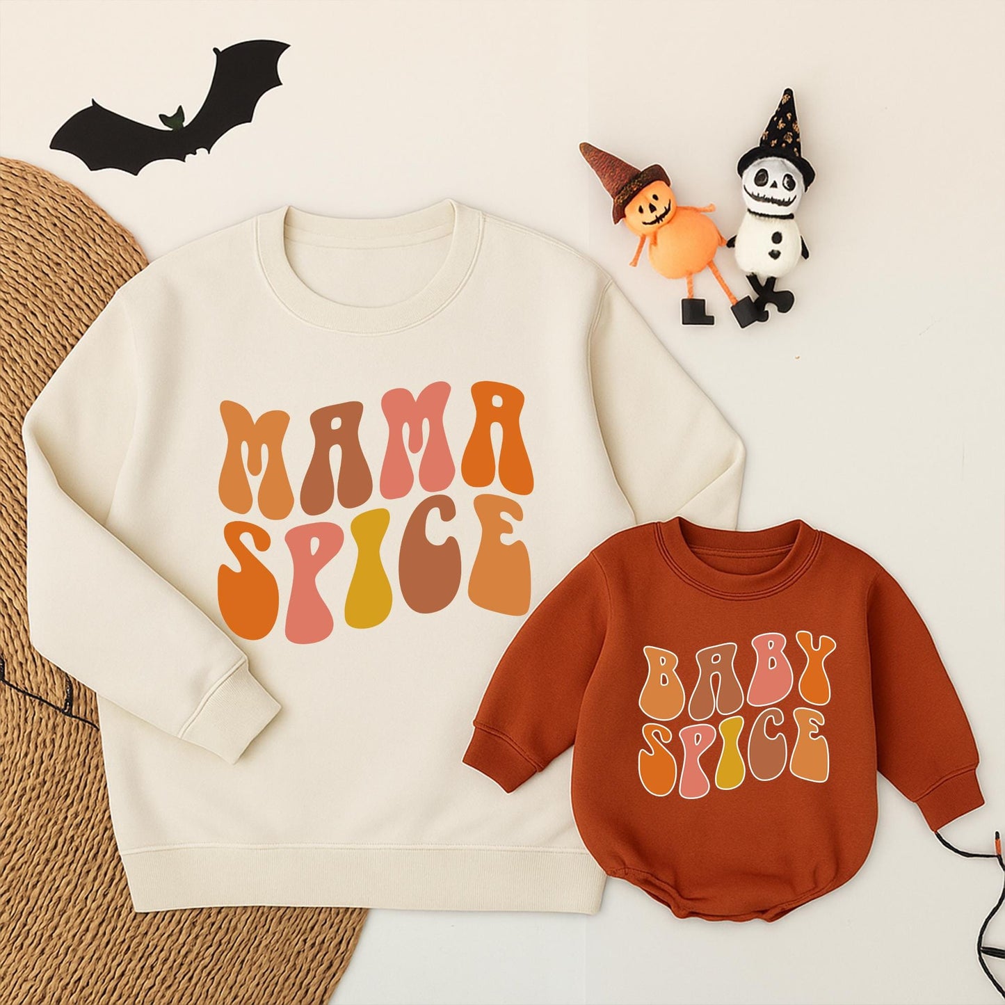 Mama Spice Baby Spice Matching Thanksgiving Sweatshirt for Mommy and Little Girl with Retro 70s Orange Brown Pink Yellow Fall Design Cozy Mother Daughter Outfit