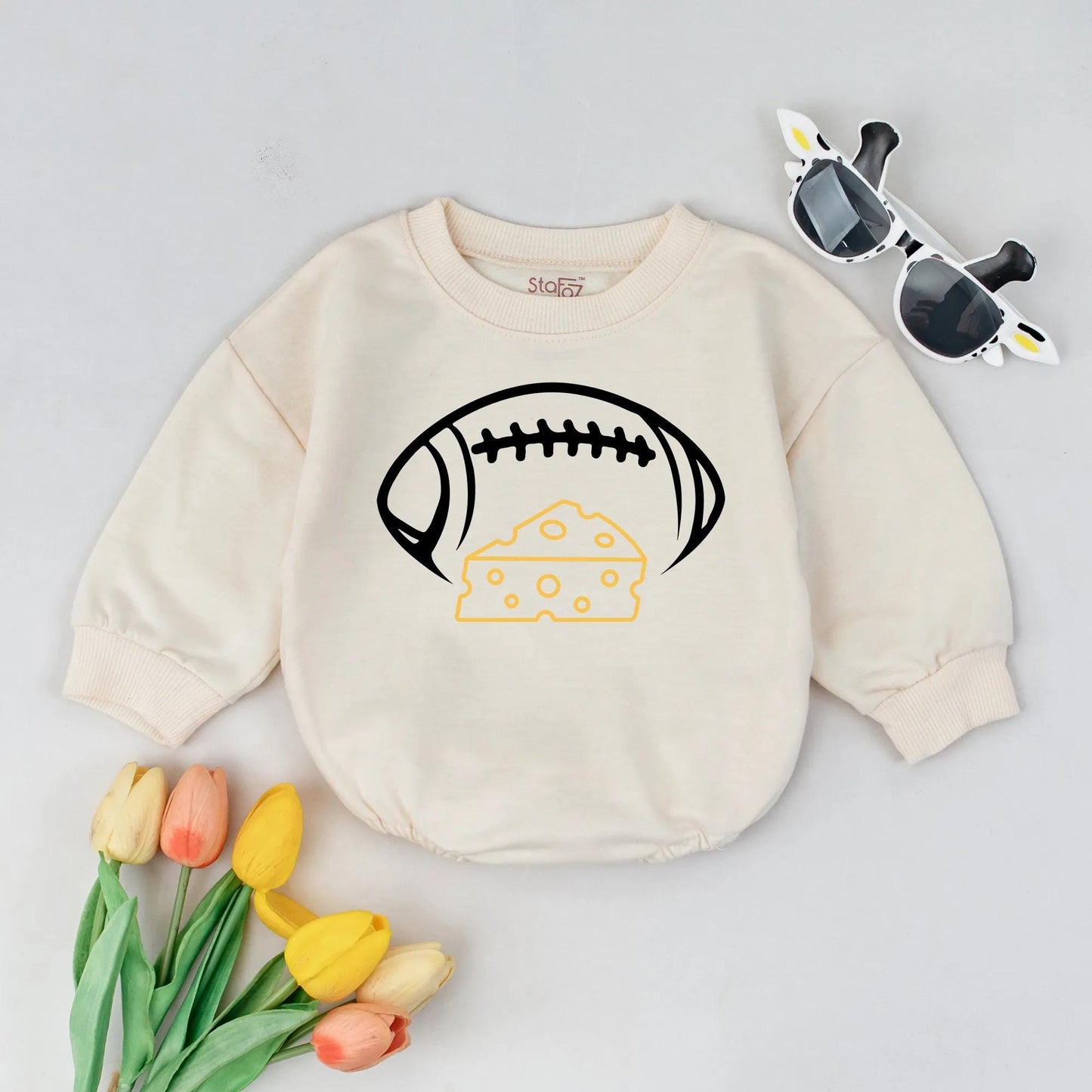 Playful Cartoon Football and Cheese Baby Romper Bodysuit Soft Cotton Infant Gameday Outfit Newborn Sport Fan Apparel Gift
