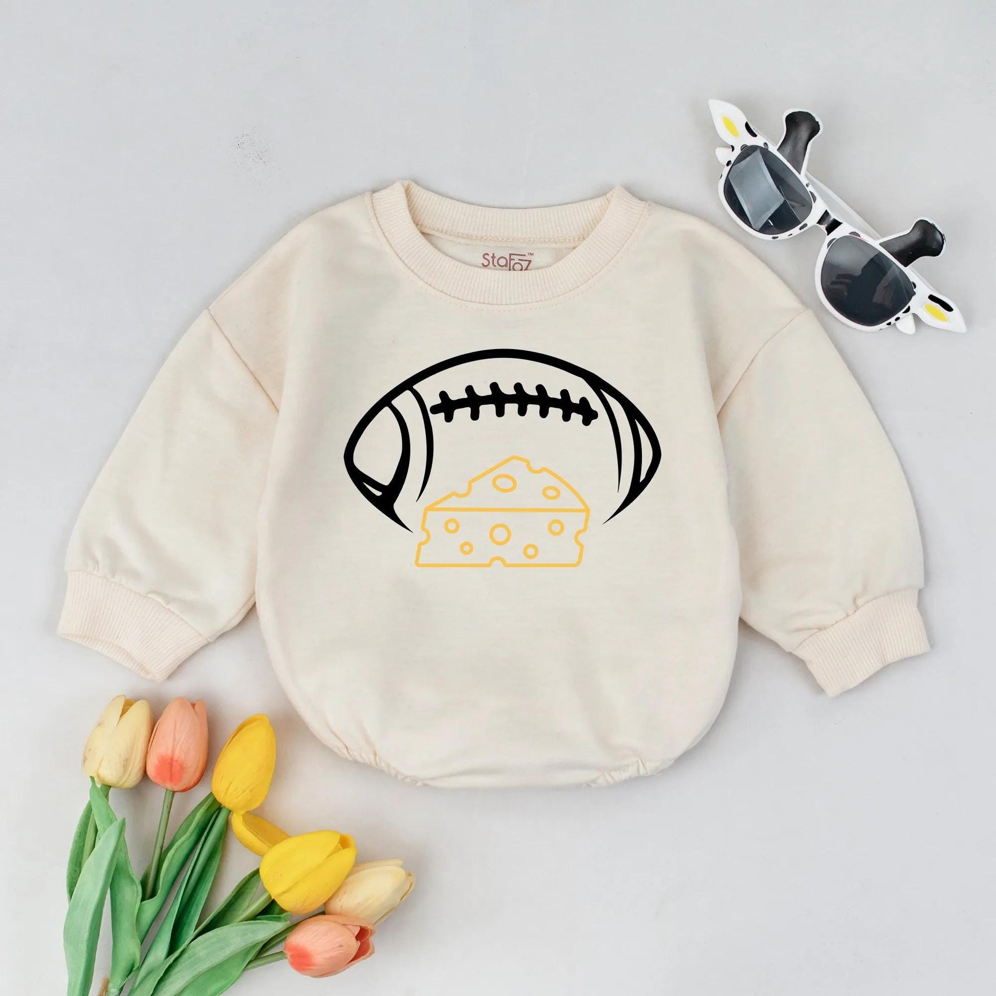 Playful Cartoon Football and Cheese Baby Romper Bodysuit Soft Cotton Infant Gameday Outfit Newborn Sport Fan Apparel Gift