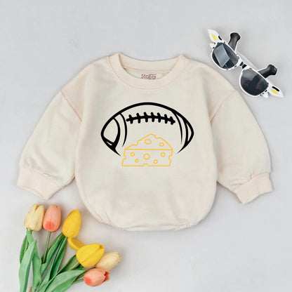 Playful Cartoon Football and Cheese Baby Romper Bodysuit Soft Cotton Infant Gameday Outfit Newborn Sport Fan Apparel Gift