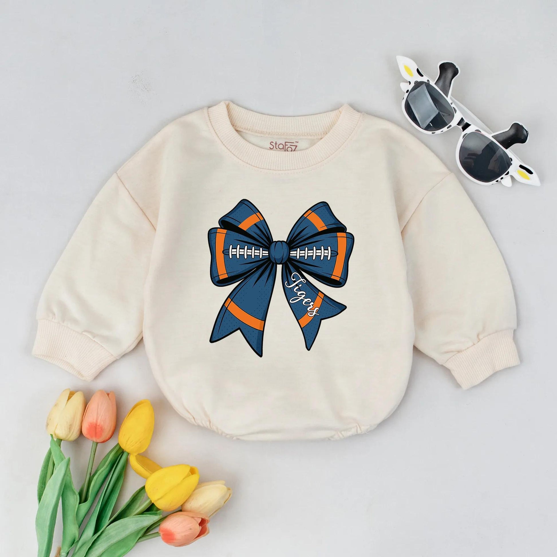 Personalized Football Bow Romper Game Day Baby Girl Clothes Tigers Orange Blue White Sport Fan Bubble Outfit Newborn Gift
