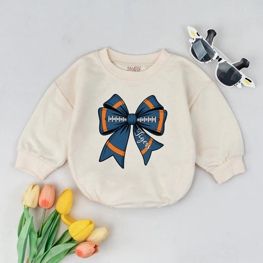 Personalized Football Bow Romper Game Day Baby Girl Clothes Tigers Orange Blue White Sport Fan Bubble Outfit Newborn Gift