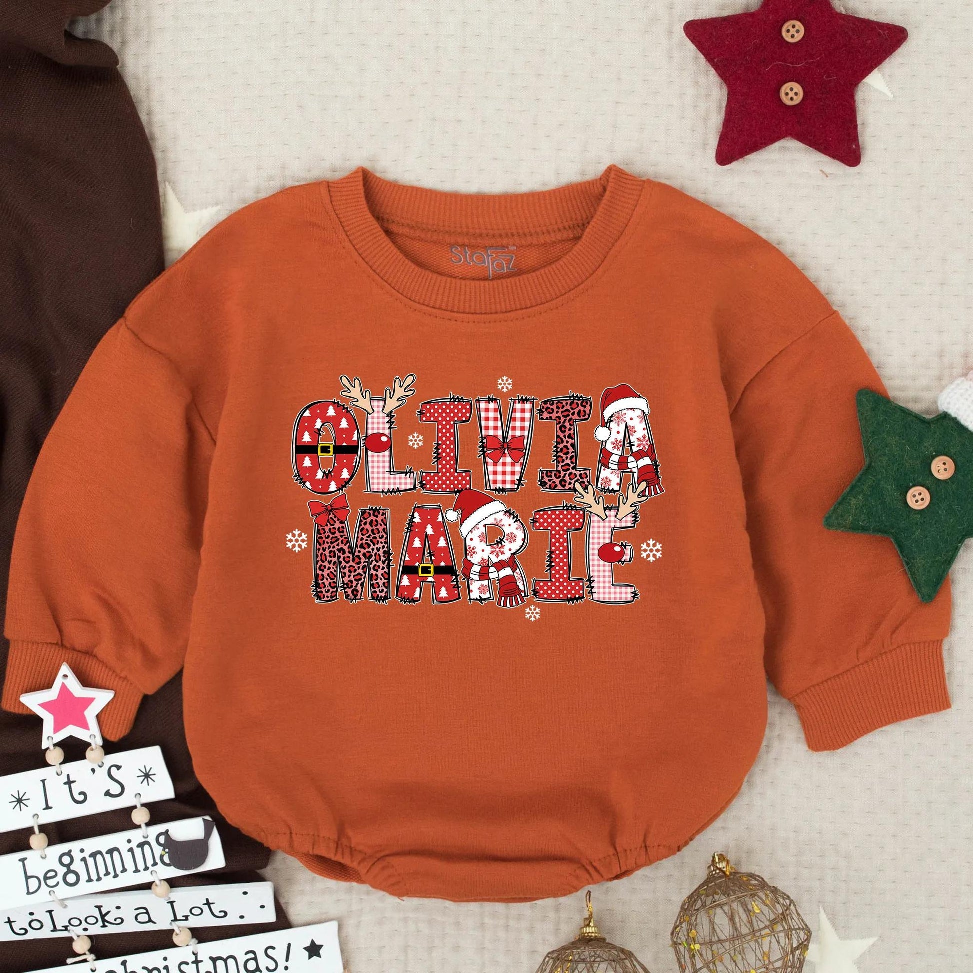 Personalized Olivia Marie Christmas Romper Outfit, Buffalo Plaid Name Baby Sweater, Festive Holiday Girl Clothes, Custom Xmas Gift Idea 139 chars