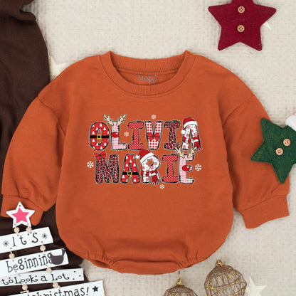 Personalized Olivia Marie Christmas Romper Outfit, Buffalo Plaid Name Baby Sweater, Festive Holiday Girl Clothes, Custom Xmas Gift Idea 139 chars