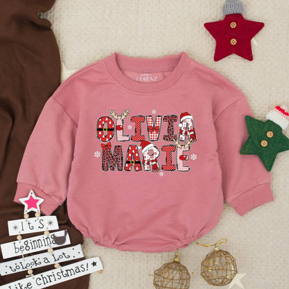Personalized Olivia Marie Christmas Romper Outfit, Buffalo Plaid Name Baby Sweater, Festive Holiday Girl Clothes, Custom Xmas Gift Idea 139 chars