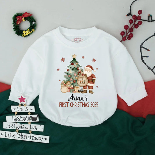 Personalized Baby's 1st Christmas Romper: Retro Santa & Tree, Custom Name Outfit, Holiday Infant Bodysuit, Vintage Xmas Newborn Gift, 2025 Date (137)