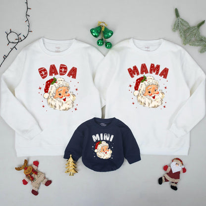 Retro Santa Claus Family Matching Sweatshirts Daddy Mommy Mini Holiday Outfits Baby's First Christmas Gift Whimsical Vintage Style