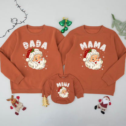 Retro Santa Claus Family Matching Sweatshirts Daddy Mommy Mini Holiday Outfits Baby's First Christmas Gift Whimsical Vintage Style