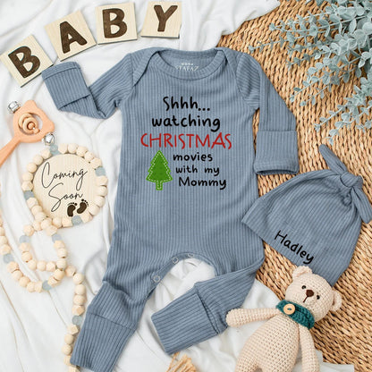 Shhh Watching Christmas Movies with Mommy Baby Bodysuit First Christmas Outfit Newborn Girl Boy Gift, Christmas Tree Baby Clothes