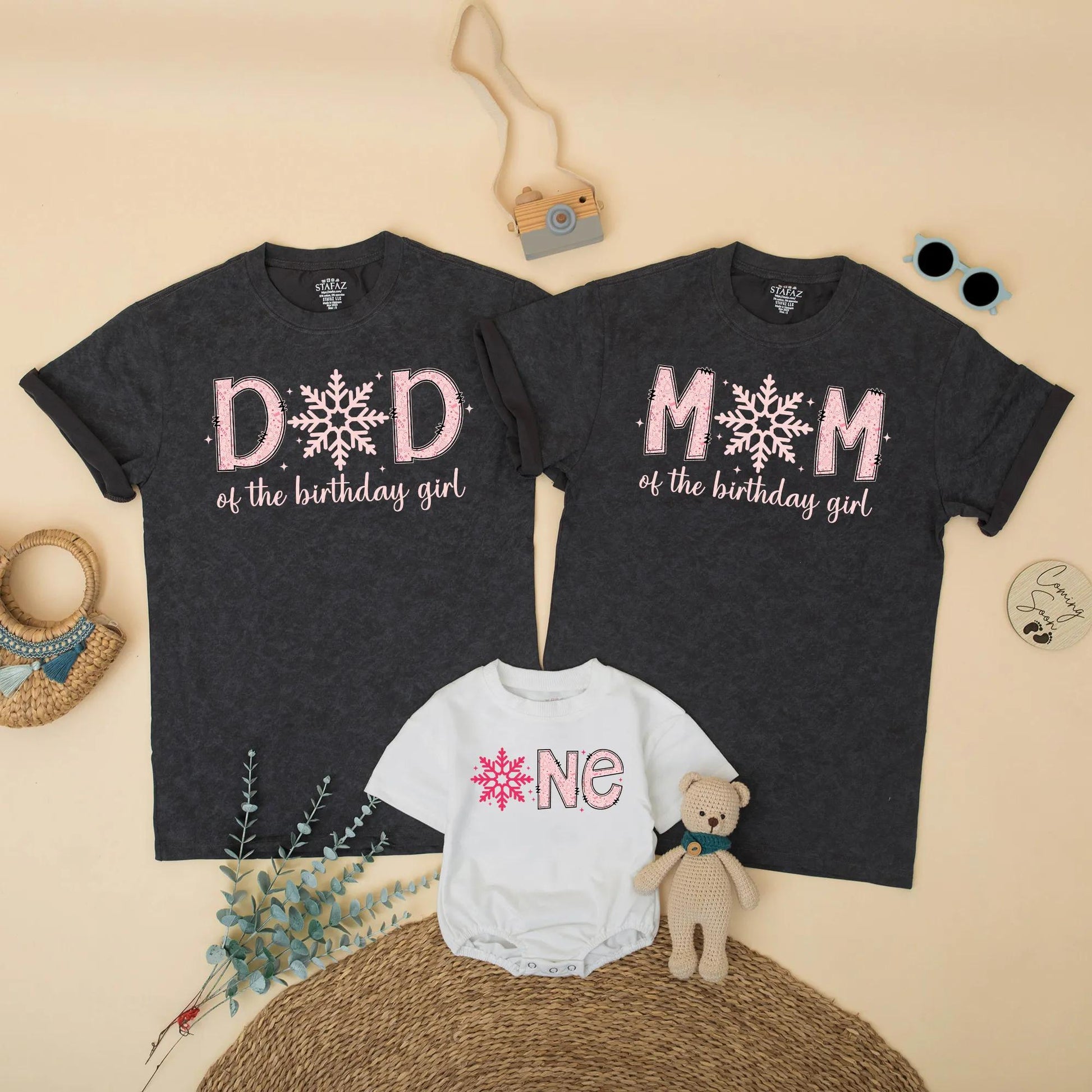 Pink Winter Snowflake 1st Birthday Family Matching Outfits Dad Mom Sister Brother & Baby Girl Birthday Gift