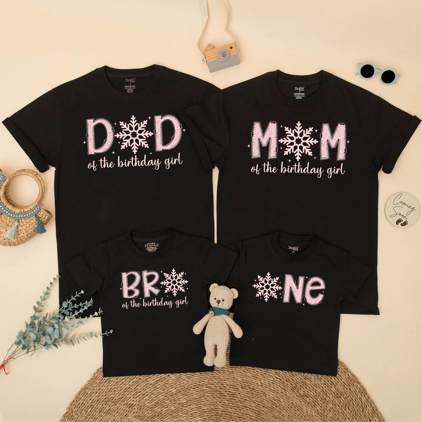 Pink Winter Snowflake 1st Birthday Family Matching Outfits Dad Mom Sister Brother & Baby Girl Birthday Gift