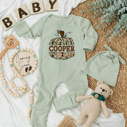 Personalized Camo Pumpkin Baby Bodysuit: Rustic Autumn Newborn Clothes, Coming Home Outfit, Shower Gift, Custom Name, Pumpkin Patch Season Style (137)