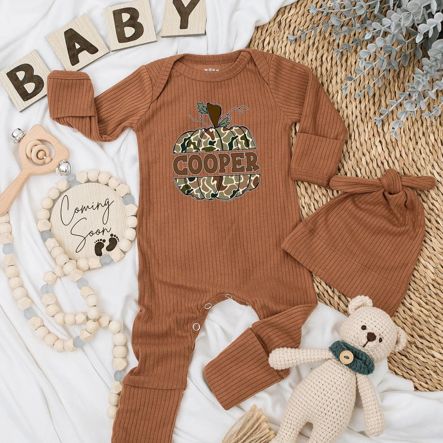 Personalized Camo Pumpkin Baby Bodysuit: Rustic Autumn Newborn Clothes, Coming Home Outfit, Shower Gift, Custom Name, Pumpkin Patch Season Style (137)