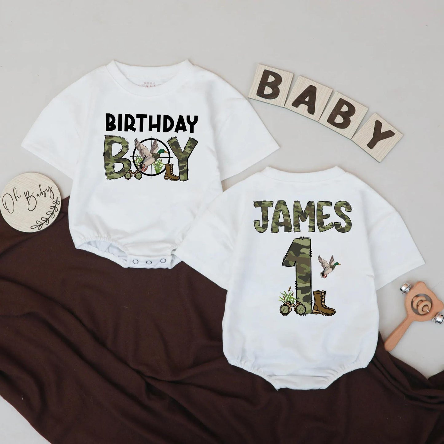 Personalized 1st Birthday Hunting Romper: Camo "BOY" & Duck Crosshairs Design. Custom Name Outfit for Little Hunters & Outdoor Adventures (138 chars)