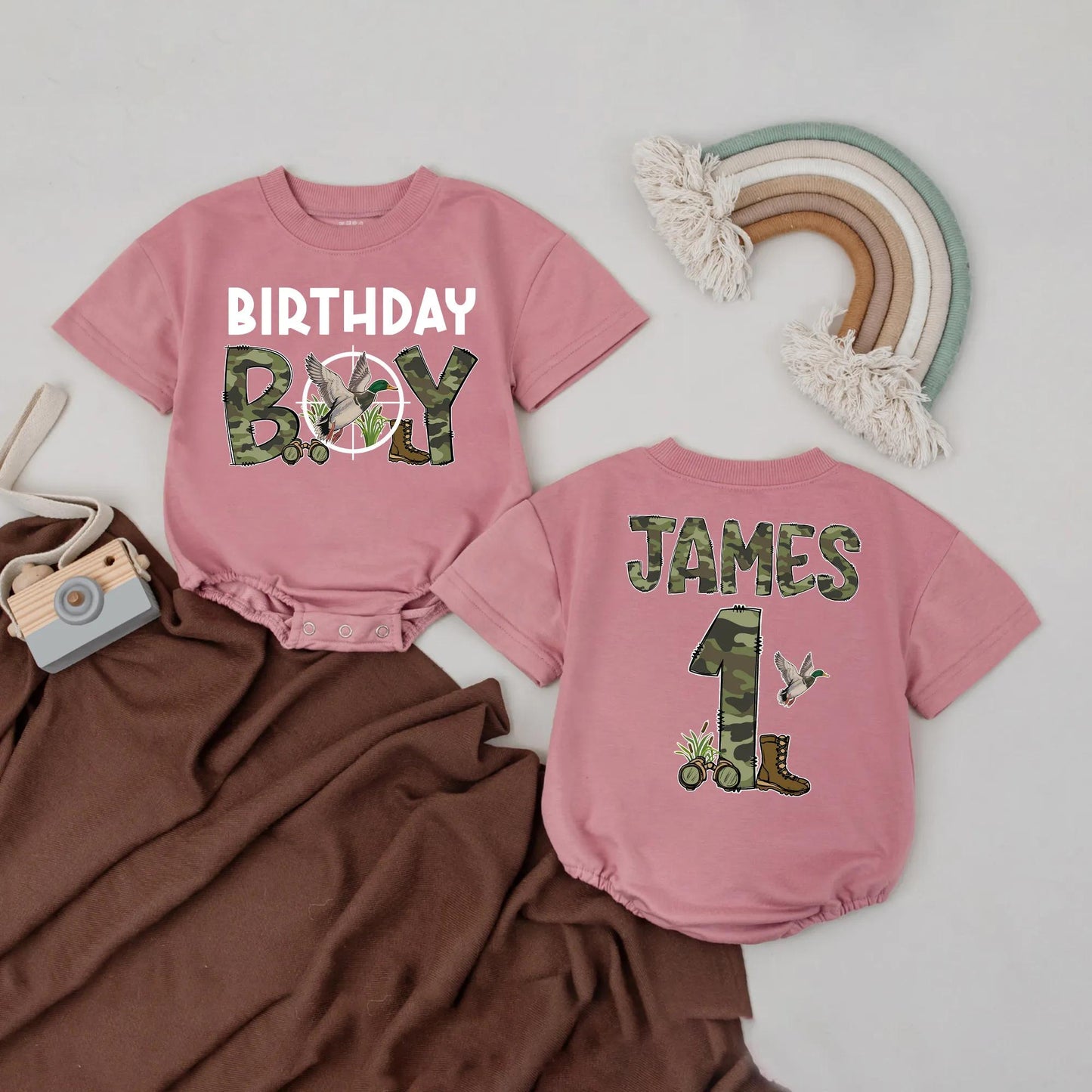 Personalized 1st Birthday Hunting Romper: Camo "BOY" & Duck Crosshairs Design. Custom Name Outfit for Little Hunters & Outdoor Adventures (138 chars)