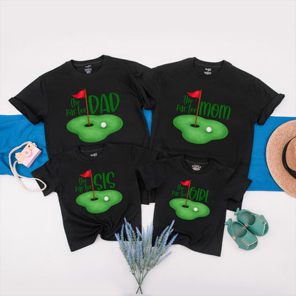 The Par-Tee Birthday Matching Family Golf Shirts: Cartoon Green with Red Flag, Personalized Boy or Girl First Birthday Outfit, Golf Party Tees (DAD, MOM, SIS)