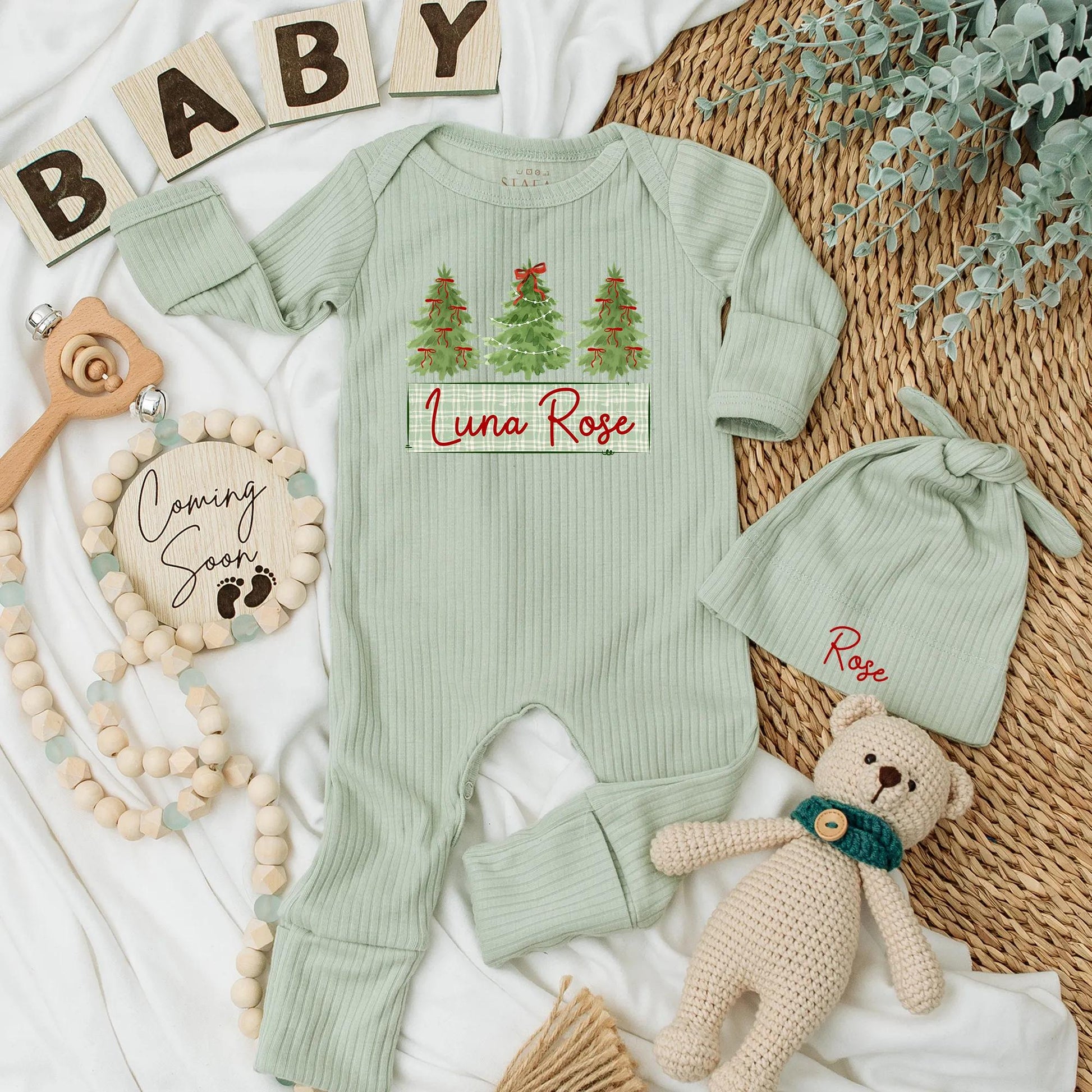 Personalized Luna Rose Christmas Bodysuit, Bow Tree Outfit, Holiday Baby Girl Clothes, Newborn Coming Home Gift, Custom Xmas Baby Shower Present (139 chars)