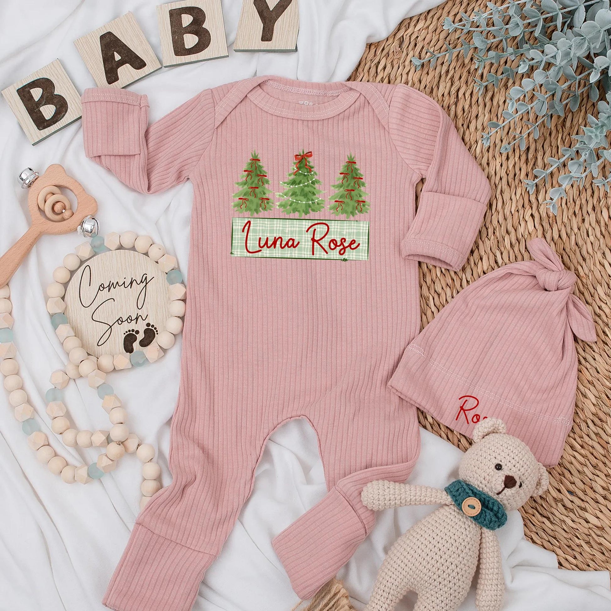 Personalized Luna Rose Christmas Bodysuit, Bow Tree Outfit, Holiday Baby Girl Clothes, Newborn Coming Home Gift, Custom Xmas Baby Shower Present (139 chars)
