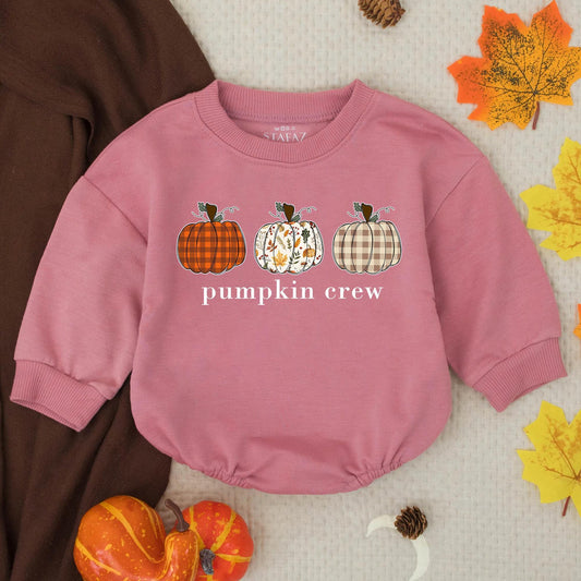 Pumpkin Crew Baby Bubble Romper with Patterned Fall Pumpkins Thanksgiving Outfit Infant Toddler Autumn Clothes Plaid Gingham Festive Gift
