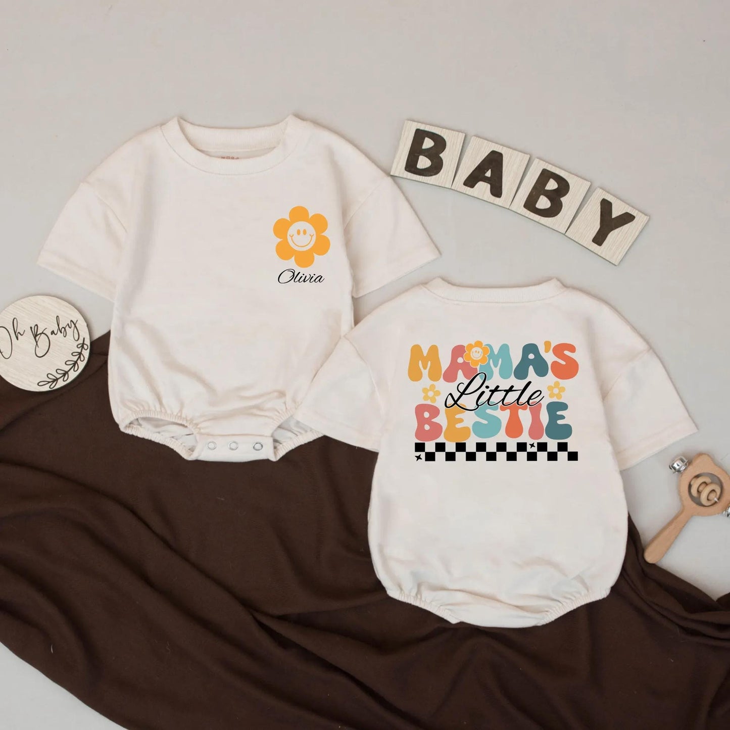 Custom Olivia Bodysuit & Mama's Little Bestie Romper Set, Baby Girl Outfit, Personalized Baby Shower Gift, Cute Clothes