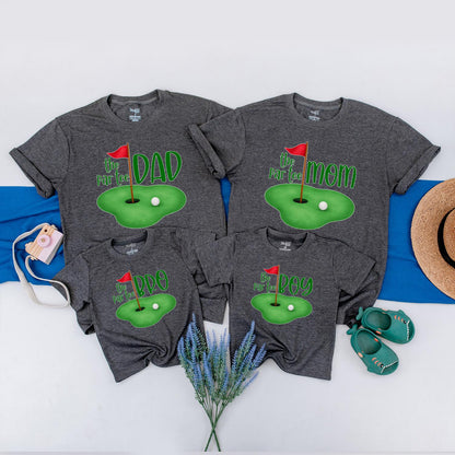 The Par-Tee Birthday Matching Family Golf Shirts: Cartoon Green with Red Flag, Personalized Boy or Girl First Birthday Outfit, Golf Party Tees (DAD, MOM, SIS)