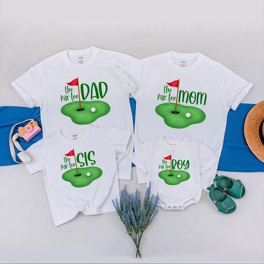 The Par-Tee Birthday Matching Family Golf Shirts: Cartoon Green with Red Flag, Personalized Boy or Girl First Birthday Outfit, Golf Party Tees (DAD, MOM, SIS)