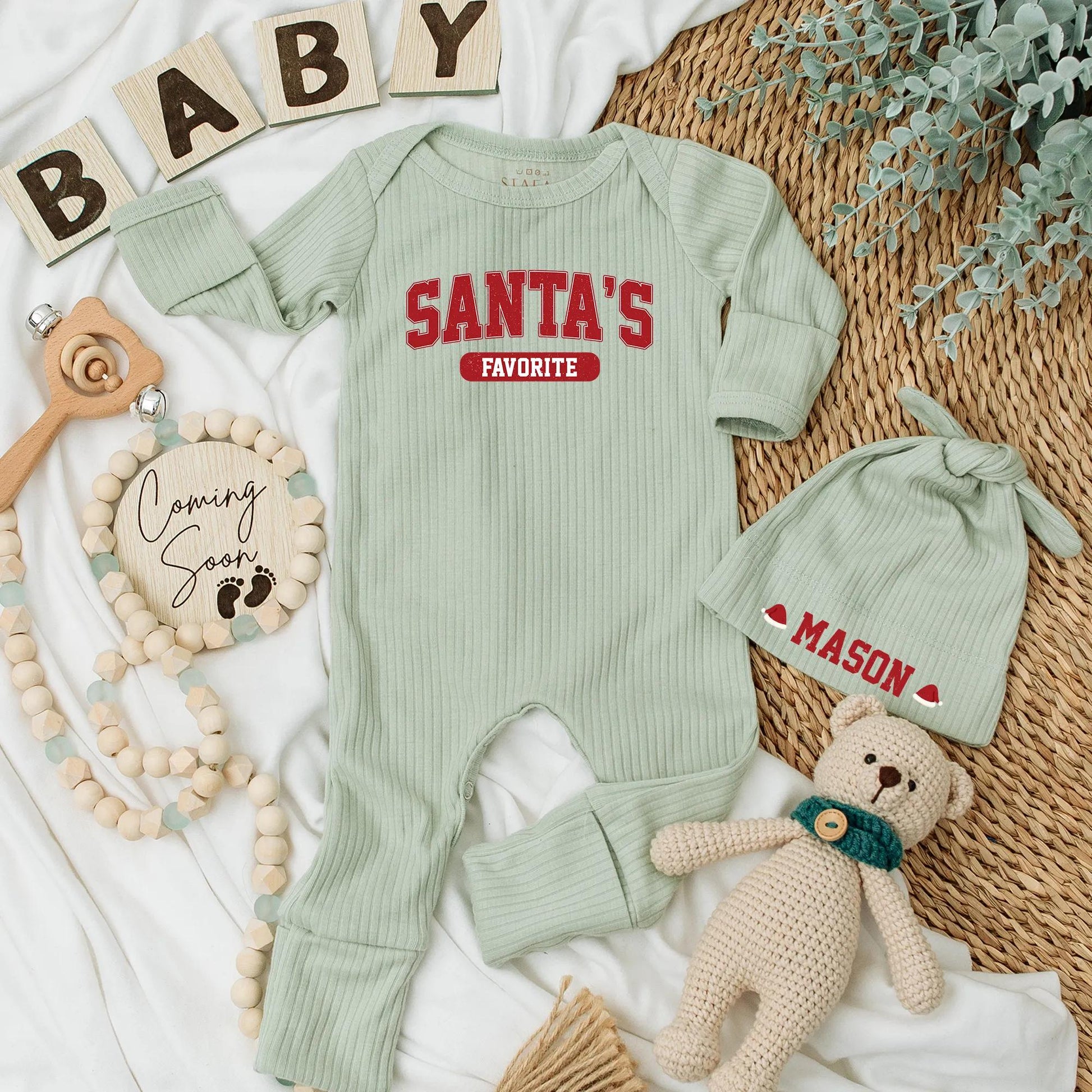 Personalized Santa's Favorite Baby Bodysuit Newborn Christmas Announcement Outfit Holiday Shower Gift Red Varsity Style
