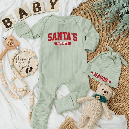 Personalized Santa's Favorite Baby Bodysuit Newborn Christmas Announcement Outfit Holiday Shower Gift Red Varsity Style