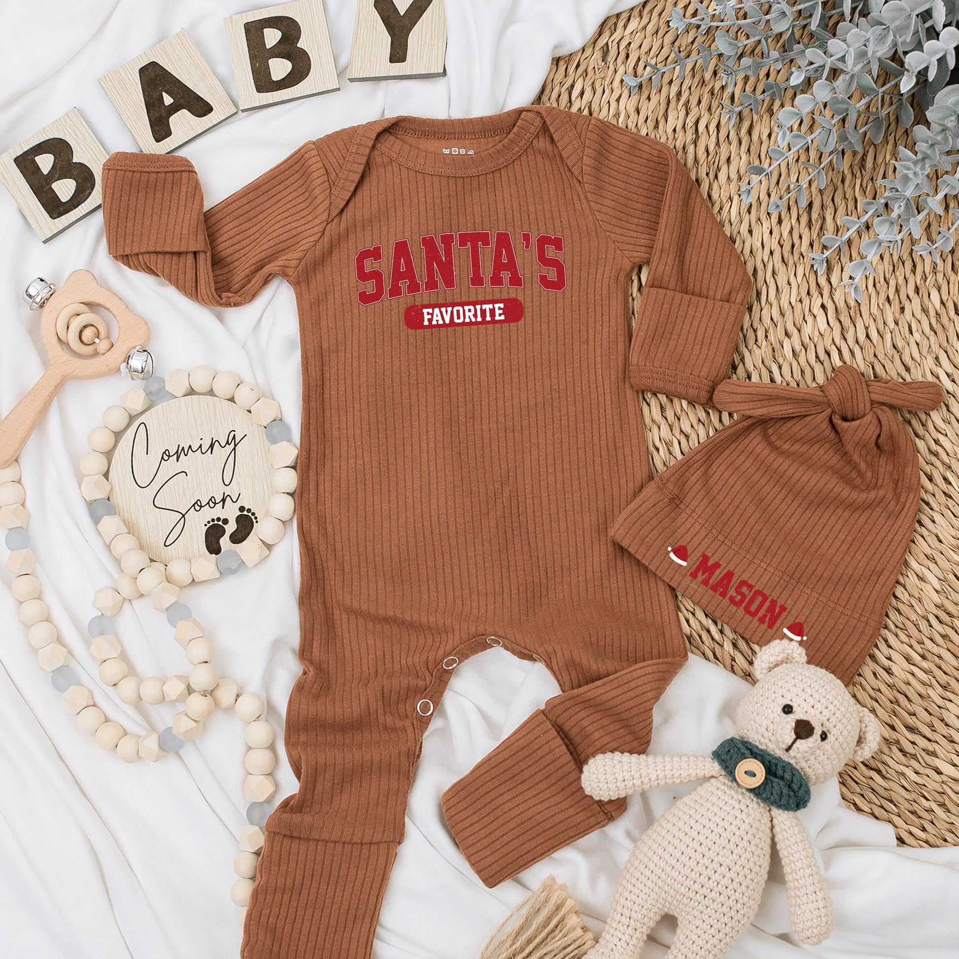 Personalized Santa's Favorite Baby Bodysuit Newborn Christmas Announcement Outfit Holiday Shower Gift Red Varsity Style