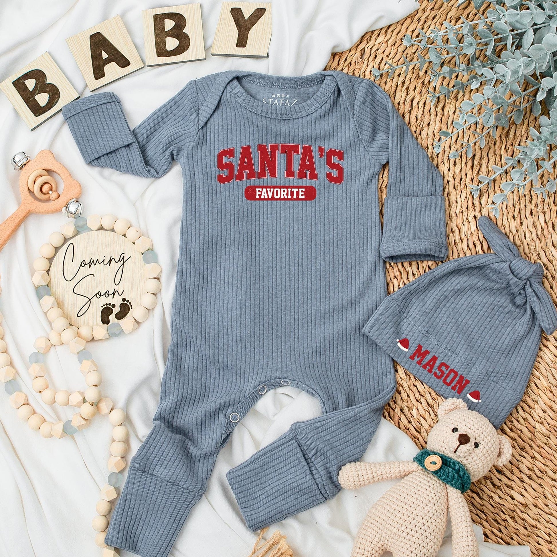 Personalized Santa's Favorite Baby Bodysuit Newborn Christmas Announcement Outfit Holiday Shower Gift Red Varsity Style