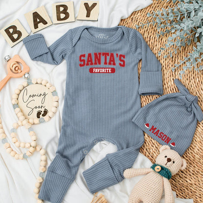 Personalized Santa's Favorite Baby Bodysuit Newborn Christmas Announcement Outfit Holiday Shower Gift Red Varsity Style