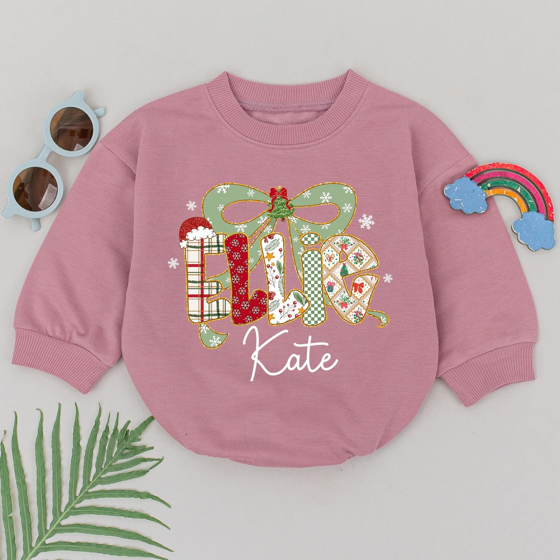 Ellie & Kate Personalized Christmas Romper Baby Girl Outfit Retro Bow Bodysuit Winter Holiday Xmas Clothes Custom First Christmas Gift