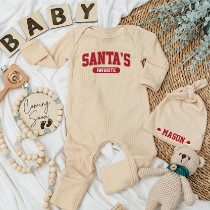 Personalized Santa's Favorite Baby Bodysuit Newborn Christmas Announcement Outfit Holiday Shower Gift Red Varsity Style
