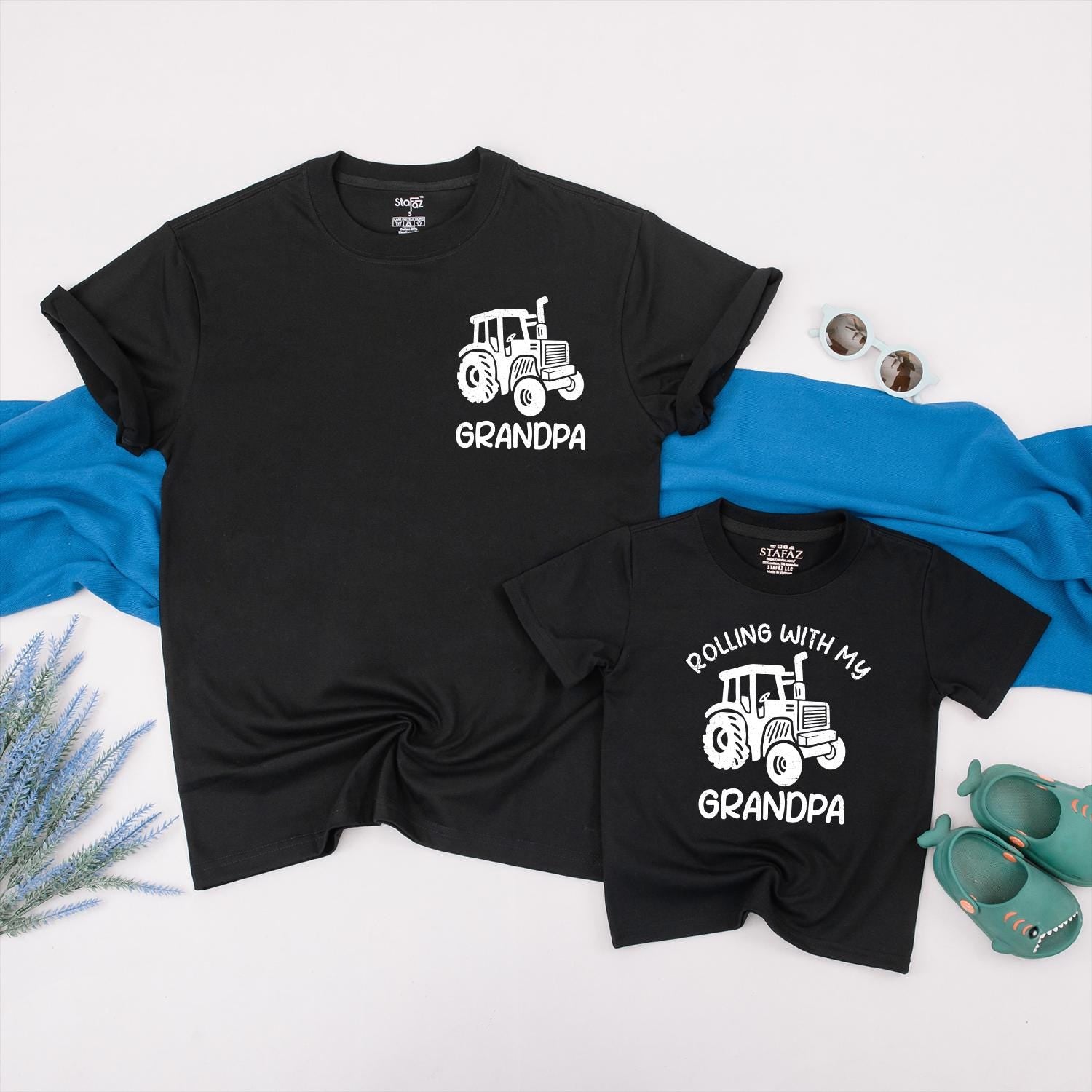 Rolling with Grandpa Tractor Matching Shirts, Cute Grandson & Grandpa Tees, Father's Day Gift, Tractor Family Outfits, Baby Toddler Grandpa Tee