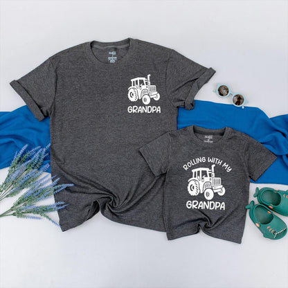 Rolling with Grandpa Tractor Matching Shirts, Cute Grandson & Grandpa Tees, Father's Day Gift, Tractor Family Outfits, Baby Toddler Grandpa Tee