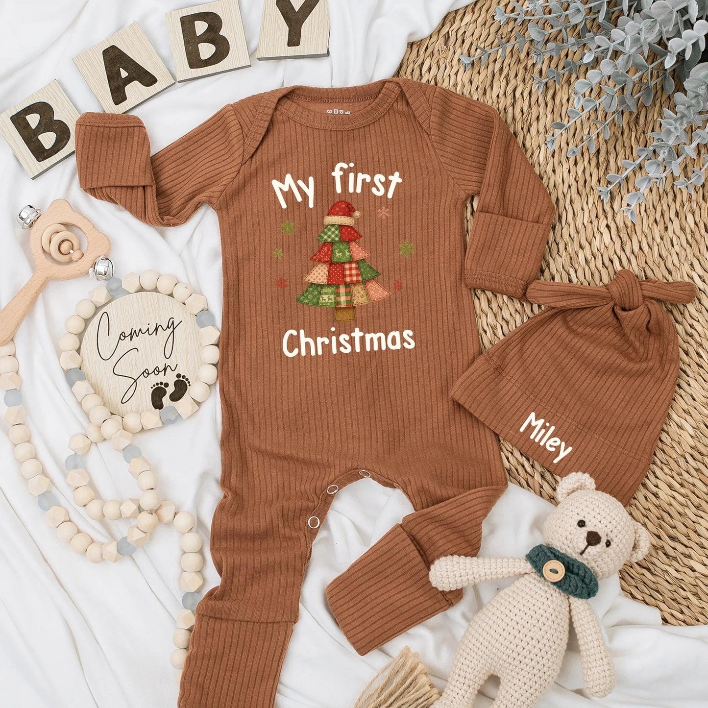 My First Christmas Baby Bodysuit Vintage Patchwork Tree Red Santa Hat Snowflake Green Pink Festive Newborn Outfit Baby Shower Gift