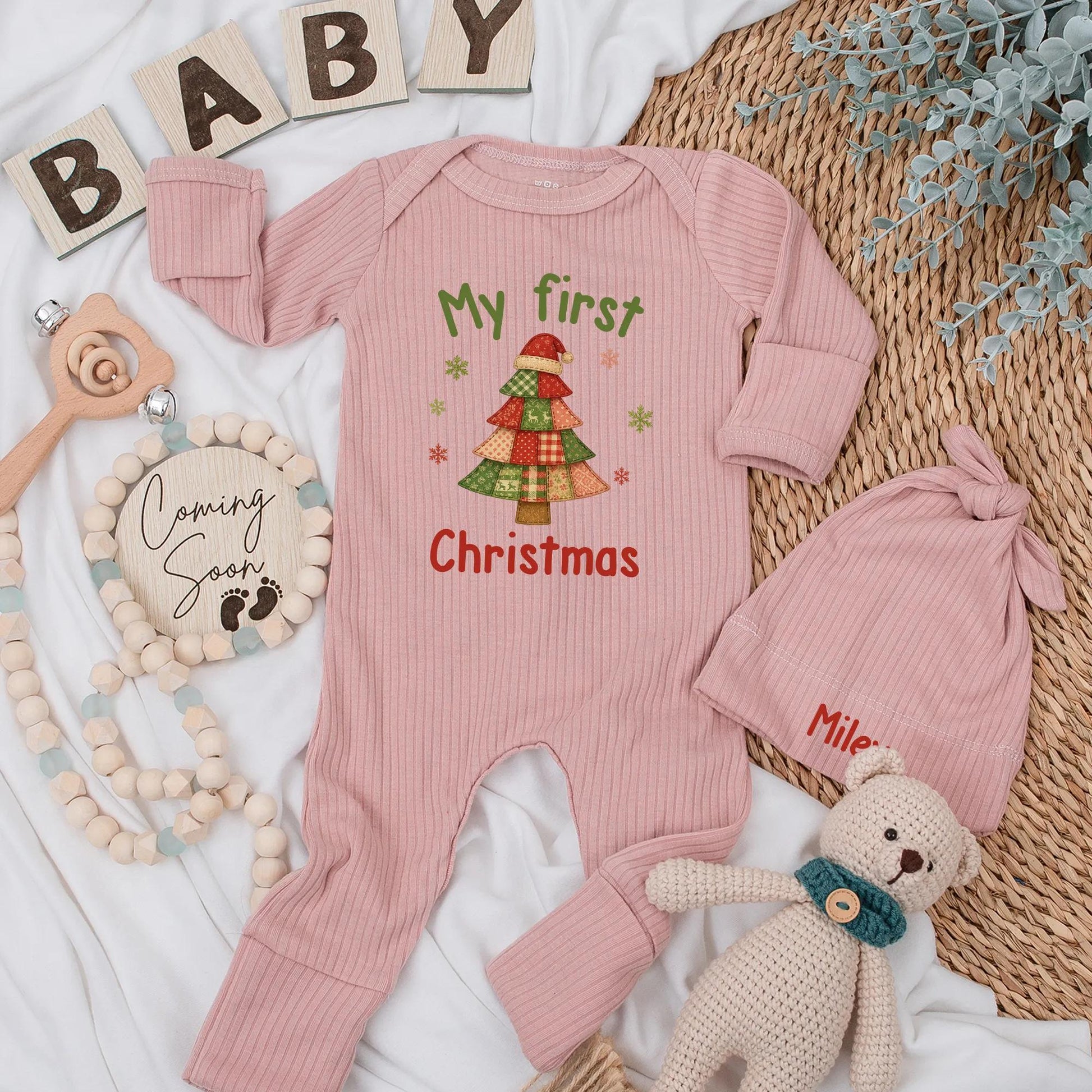 My First Christmas Baby Bodysuit Vintage Patchwork Tree Red Santa Hat Snowflake Green Pink Festive Newborn Outfit Baby Shower Gift