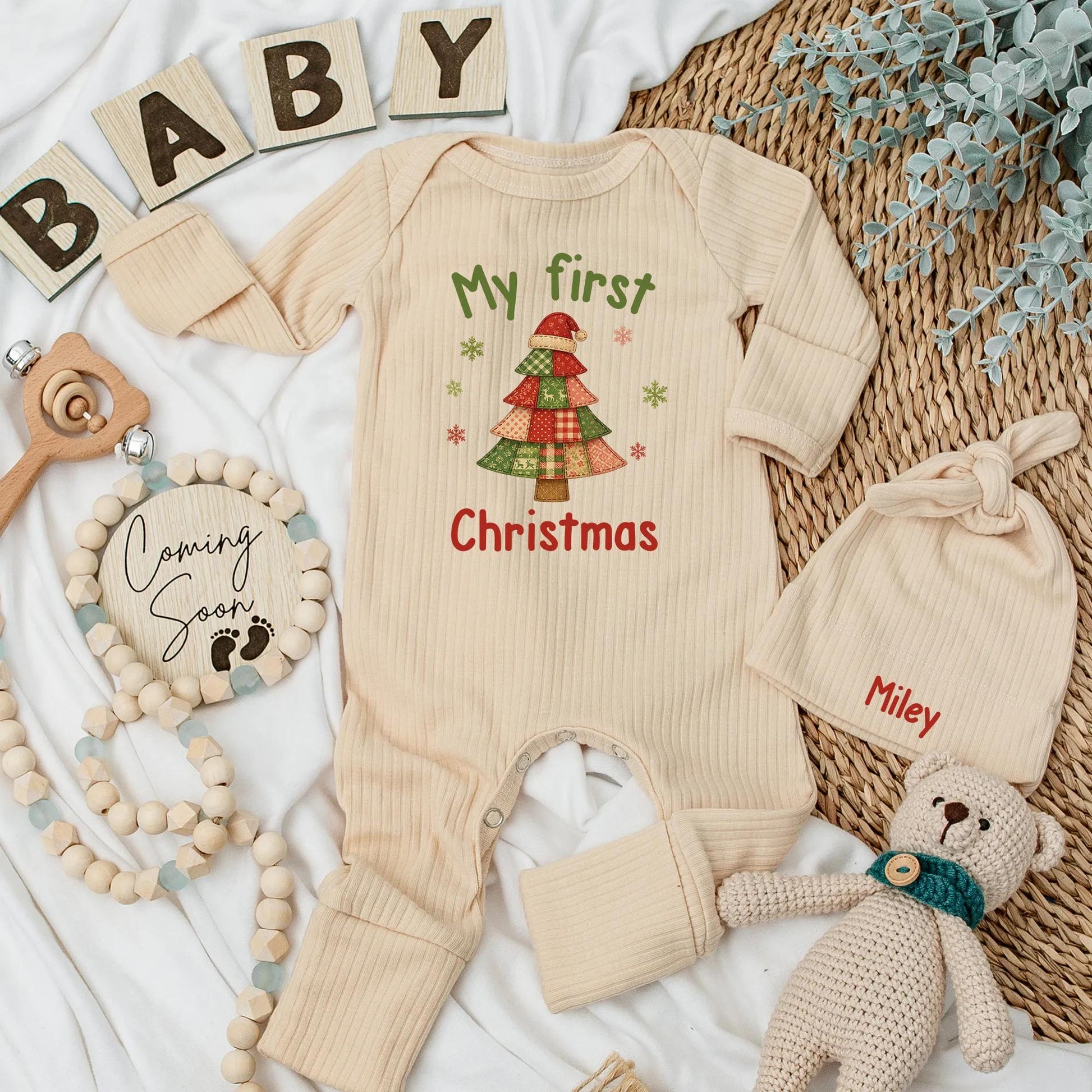 My First Christmas Baby Bodysuit Vintage Patchwork Tree Red Santa Hat Snowflake Green Pink Festive Newborn Outfit Baby Shower Gift