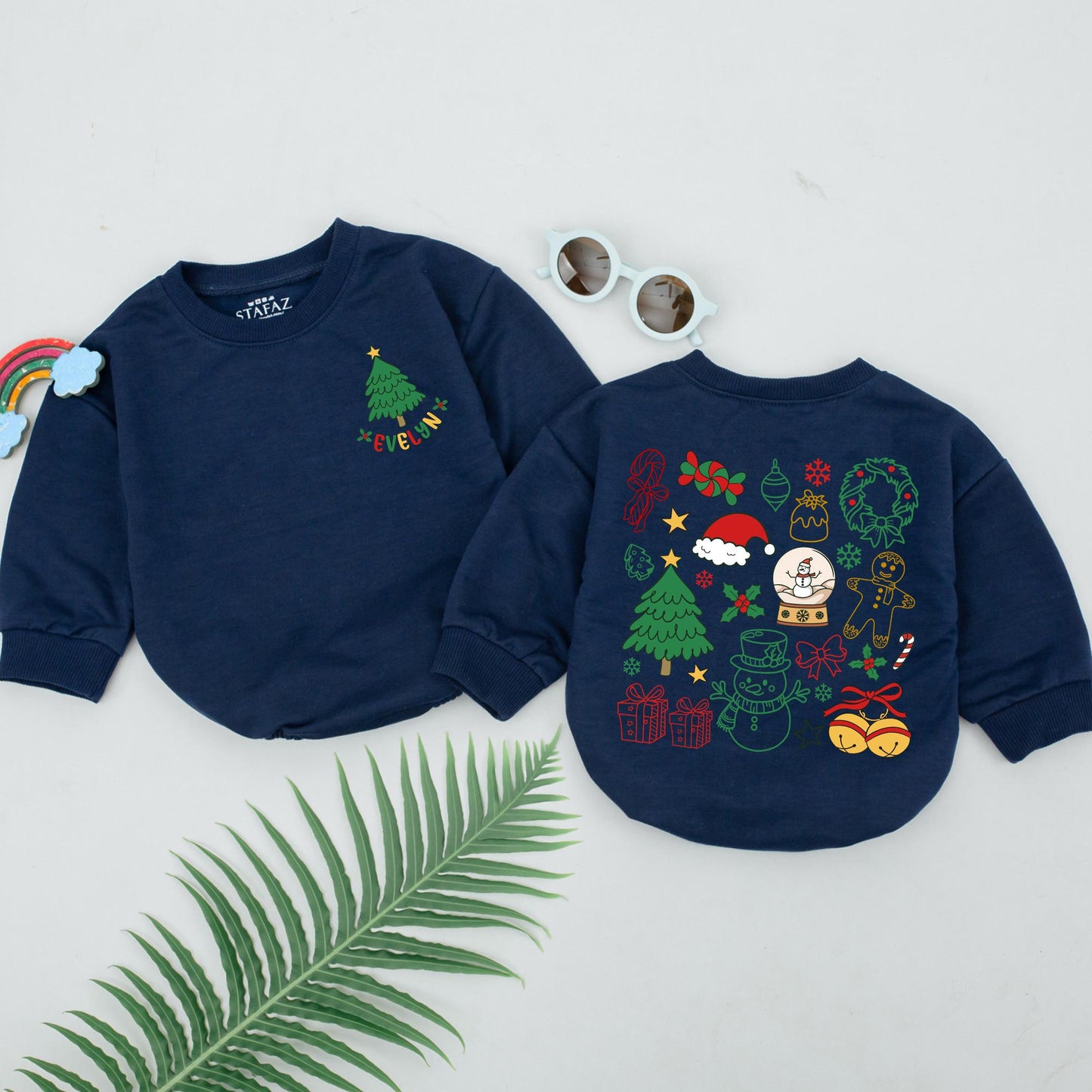 Personalized Evelyn's 1st Christmas Romper, Festive Baby Outfit, Holiday Bodysuit, Whimsical Xmas Clothes, Baby Shower Gift, Red Green Gold, Newborn Winter