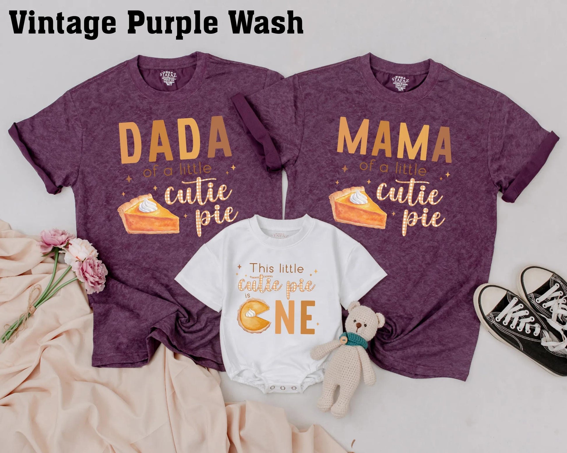 Retro Cutie Pie Matching Family Birthday Shirts First Thanksgiving Fall Mom Dad Sister Brown Orange Pumpkin Pie Design