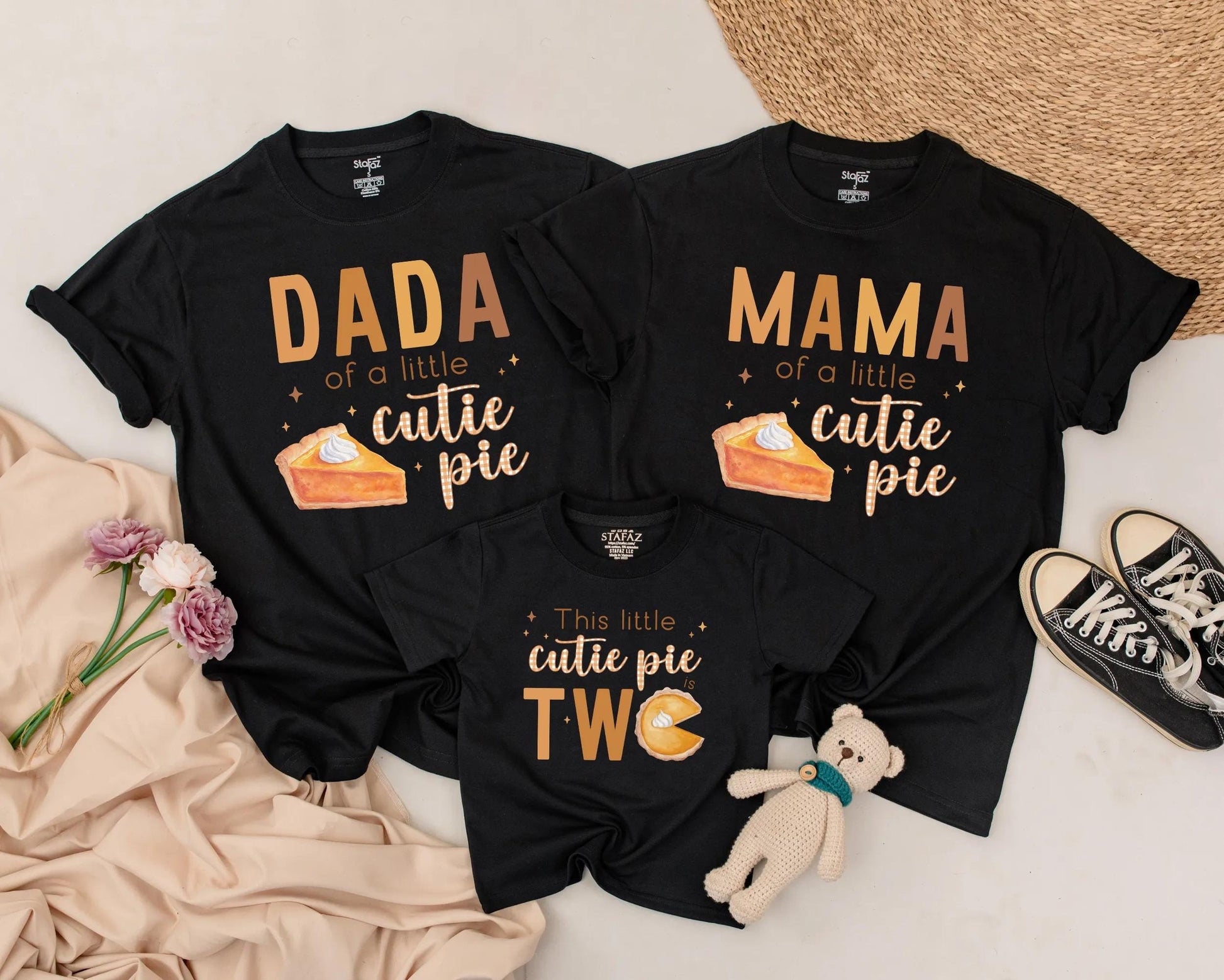 Retro Cutie Pie Matching Family Birthday Shirts First Thanksgiving Fall Mom Dad Sister Brown Orange Pumpkin Pie Design