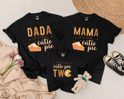 Retro Cutie Pie Matching Family Birthday Shirts First Thanksgiving Fall Mom Dad Sister Brown Orange Pumpkin Pie Design