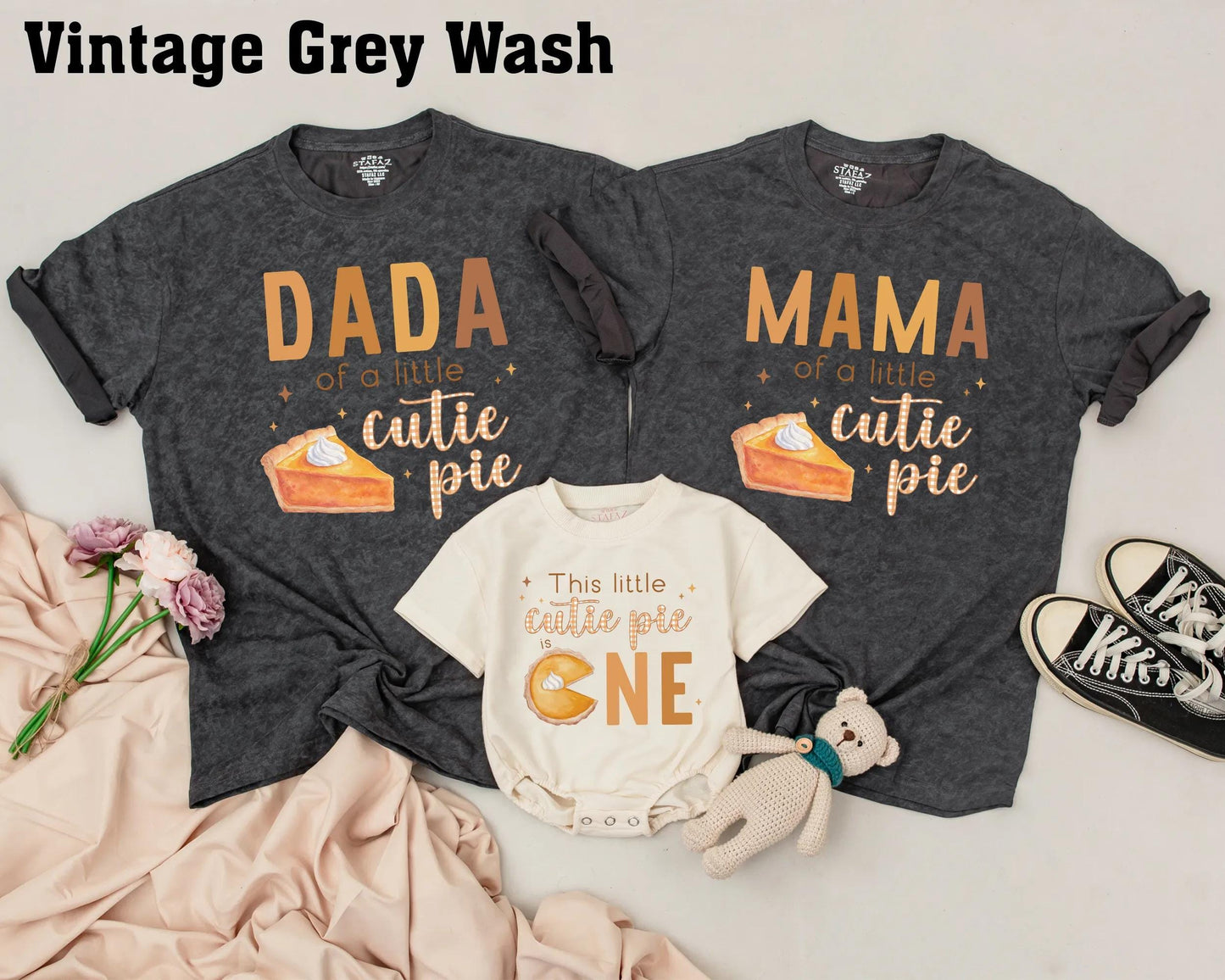 Retro Cutie Pie Matching Family Birthday Shirts First Thanksgiving Fall Mom Dad Sister Brown Orange Pumpkin Pie Design