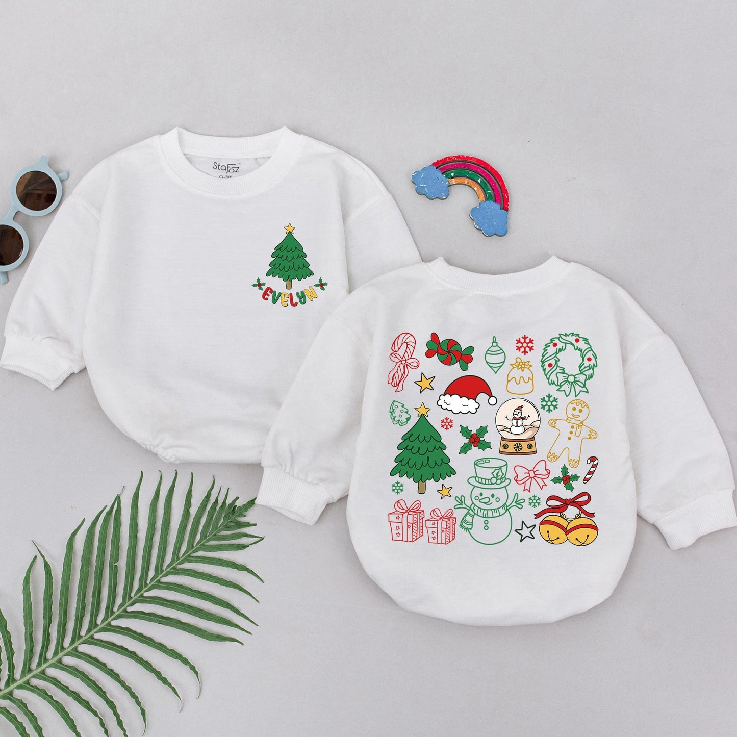 Personalized Evelyn's 1st Christmas Romper, Festive Baby Outfit, Holiday Bodysuit, Whimsical Xmas Clothes, Baby Shower Gift, Red Green Gold, Newborn Winter