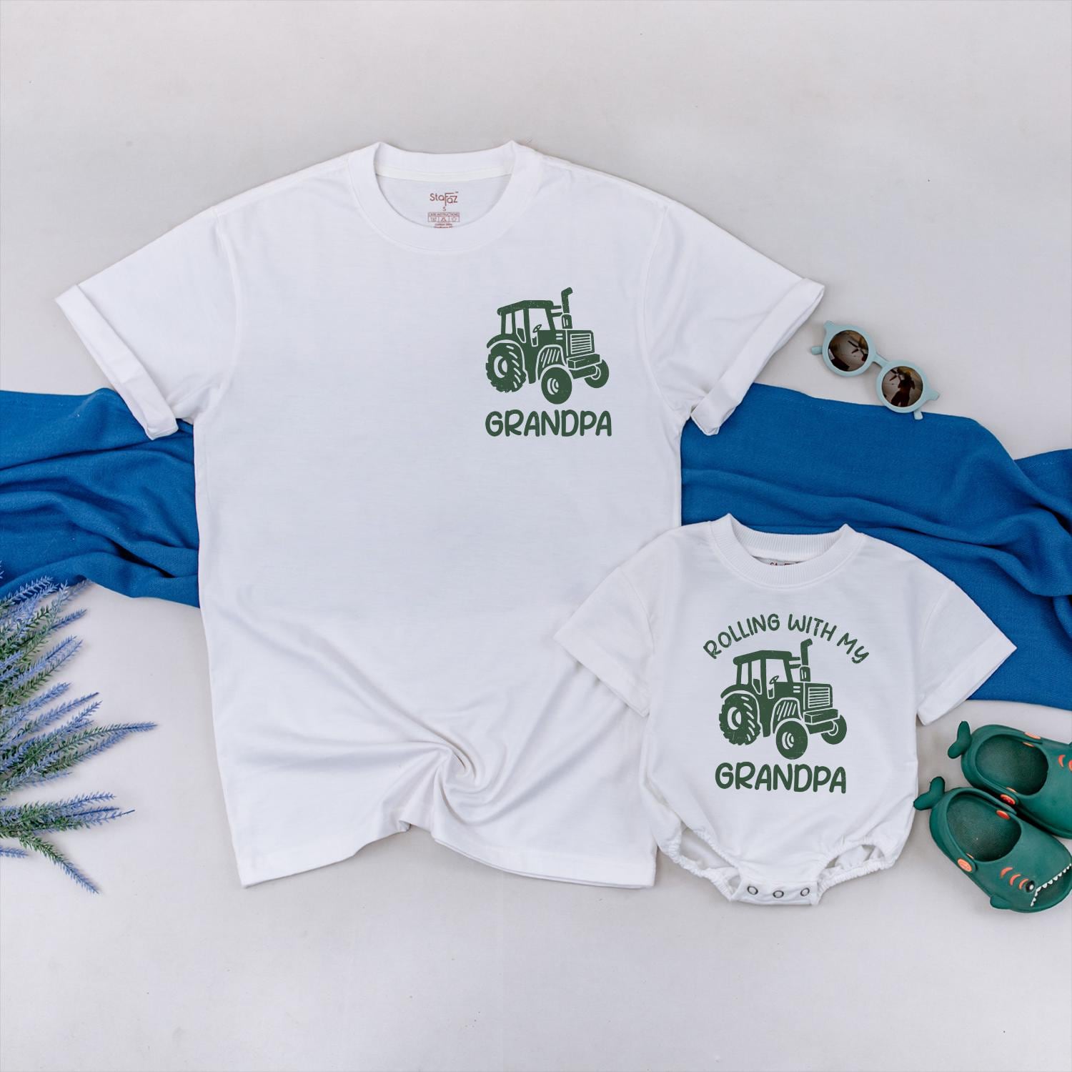 Rolling with Grandpa Tractor Matching Shirts, Cute Grandson & Grandpa Tees, Father's Day Gift, Tractor Family Outfits, Baby Toddler Grandpa Tee