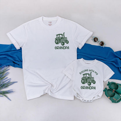 Rolling with Grandpa Tractor Matching Shirts, Cute Grandson & Grandpa Tees, Father's Day Gift, Tractor Family Outfits, Baby Toddler Grandpa Tee